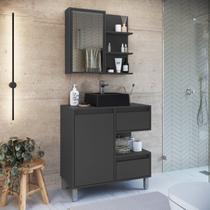 Gabinete de Banheiro 80cm Paula com Espelheira 01 Porta e Cuba Preto Grafite