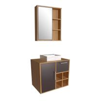Gabinete de Banheiro Suspenso 68cm Eduarda com Balcão 1 Porta 1 Gaveta e Espelheira Mel/Grafite com Cuba Branca