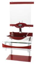 Gabinete de vidro 40cm para banheiro curvado duplo pc cuba quadrada com torneira cascata vermelho cereja