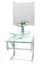 Gabinete de vidro 40cm para banheiro curvado duplo pc cuba redonda com torneira cascata incolor