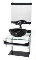 Gabinete de vidro 40cm para banheiro curvado duplo pc cuba redonda com torneira cascata preto