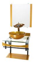 Gabinete de vidro 40cm para banheiro curvado duplo pp cuba redonda com torneira cascata dourado real