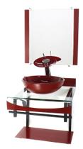 Gabinete de vidro 40cm para banheiro curvado duplo pp cuba redonda com torneira cascata vermelho cereja