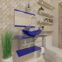 Gabinete de vidro 60cm ac cuba oval com torneira cascata azul escuro