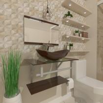 Gabinete de vidro 60cm ac cuba oval com torneira cascata marrom