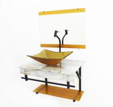 Gabinete de vidro 60cm apx com cuba retangular - mármore branco dourado