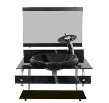 Gabinete De Vidro 60Cm Inox Mármore Preto + Torneira Preta