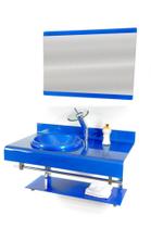 Gabinete de vidro 90cm full curvado duplo inox com torneira cascata azul escuro