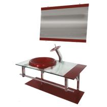 Gabinete de vidro 90cm iq inox com cuba chapéu redonda - vermelho cereja