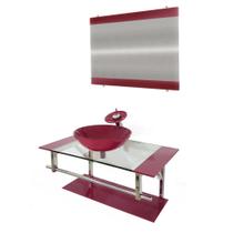 Gabinete de vidro 90cm iq inox com cuba redonda - vermelho cereja