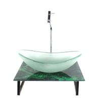 Gabinete de vidro com cuba oval jateada com tampo de vidro 40cm x 40cm mármore verde mais torneira metal