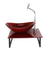 Gabinete de vidro com cuba oval tampo 40cm vermelho cereja full mais torneira metal