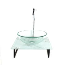 Gabinete de vidro com cuba redonda incolor com tampo de vidro 40cm x 40cm mármore branco - Cubas e Gabinetes