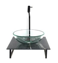 Gabinete de vidro com cuba redonda incolor com tampo de vidro 40cm x 40cm mármore preto