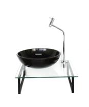 Gabinete de vidro com cuba redonda preta tampo 40cm incolor mais torneira metal