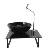 Gabinete de vidro com cuba redonda tampo 40cm preto full mais torneira metal