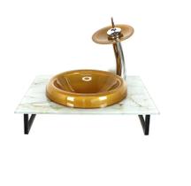 Gabinete de vidro para banheiro 50cm com bancada marmorizada marmore branco dourado mais torneira cascata