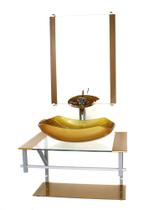 Gabinete de vidro para banheiro 60cm ac cuba abaulada dourado real com torneira cascata Gabinete de vidro para banheiro 60cm ac cuba abaulada dourado real com torneira cascata