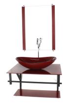 Gabinete de vidro para banheiro 60cm ap cuba oval vermelho cereja full com torneira cromada