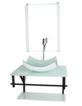 Gabinete de vidro para banheiro 60cm ap cuba retangular curvada branco full com torneira cromada