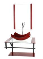 Gabinete de vidro para banheiro 60cm ap cuba retangular curvada vermelho cereja com torneira cromada