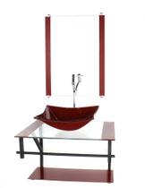 Gabinete de vidro para banheiro 60cm ap cuba retangular vermelho cereja com torneira cromada