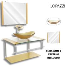 Gabinete de vidro para banheiro com cuba de apoio oval e espelho incluso em várias cores - vidro reforçado 10mm - Lopazzi