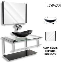Gabinete de vidro para banheiro com cuba de apoio oval e espelho incluso em várias cores - vidro reforçado 10mm - Lopazzi