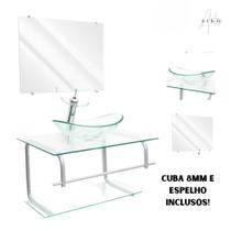 Gabinete de Vidro para Banheiro com Cuba de Apoio Oval e Espelho Incluso Vidro Reforçado 10mm em Várias Cores