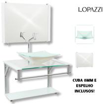 Gabinete de vidro para banheiro com cuba de apoio quadrada e espelho incluso - várias cores - Lopazzi