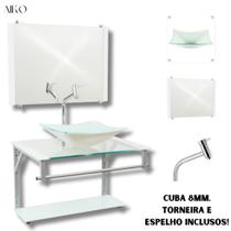 Gabinete de Vidro para Banheiro com Cuba Quadrada + Espelho + Torneira Link Inclusa em Várias Cores