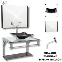 Gabinete de Vidro para Banheiro com Cuba Quadrada + Espelho + Torneira Link Inclusa em Várias Cores - Aiko Comércio