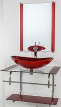 Gabinete de vidro para banheiro inox 60cm cuba oval vermelho cereja