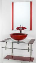 Gabinete de vidro para banheiro inox 60cm cuba redonda vermelho cereja