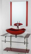 Gabinete de vidro para banheiro inox 70cm cuba abaulada vermelho cereja