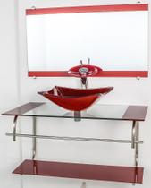 Gabinete de vidro para banheiro inox 80cm cuba quadrada vermelho cereja
