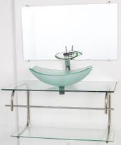 Gabinete de vidro para banheiro inox 90cm cuba oval chanfrada incolor