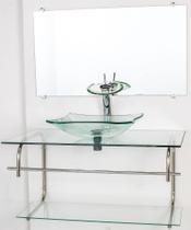 Gabinete de vidro para banheiro inox 90cm cuba retangular incolor