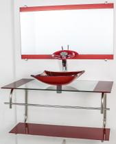 Gabinete de vidro para banheiro inox 90cm cuba retangular vermelho cereja