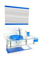 Gabinete de vidro para banheiro inox 90cm curvado duplo com torneira cascata azul escuro