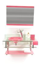 Gabinete de vidro para banheiro inox 90cm curvado duplo com torneira cascata rosa