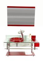 Gabinete de vidro para banheiro inox 90cm curvado duplo com torneira cascata vermelho cereja