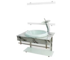 Gabinete de vidro para banheiro iqx 60cm inox com cuba chapeu - mármore branco