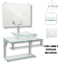 Gabinete de vidro para banheiros e lavabos com cuba de apoio quadrada + espelho incluso em varias cores - vidro reforçado 10mm