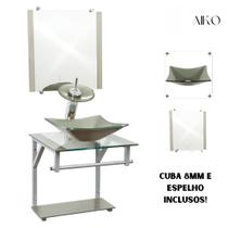 Gabinete de vidro para banheiros e lavabos com cuba de apoio quadrada + espelho incluso - vidro reforçado 10mm