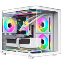 Gabinete Gamer Aquário Hayom GB1799, 4x Fans RGB, Frontal e Lateral em Vidro Temperado, Micro ATX - Branco