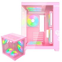 Gabinete Gamer Grodd Candy Clanm Cor Rosa Suporta Water Cooler e 7 Fans Com Vidro Temperado Aquário
