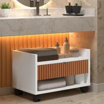 Gabinete Organizador de banheiro com 1 gaveta e rodízios Prisma - Branco com Ripado - ROMI DECOR