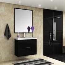 Gabinete para banheiro 03 gavetas com lavatório e espelheira Pietra 80cm Preto/Preto Brilho Móveis Bosi