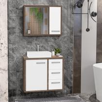 Gabinete para Banheiro com Tampo de Vidro Cuba de Sobrepor e Espelheira 60cm Turin Branco/Avelato Gabinete para Banheiro com Tampo de Vidro Cuba de Sobrepor e Espelheira 60cm Turin Branco/Avelato